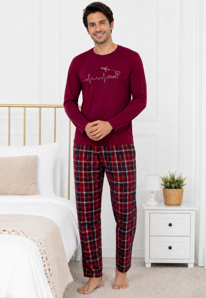 Pijama barbati Serena cu maneca lunga si pantalon lung-Bordo,Engros